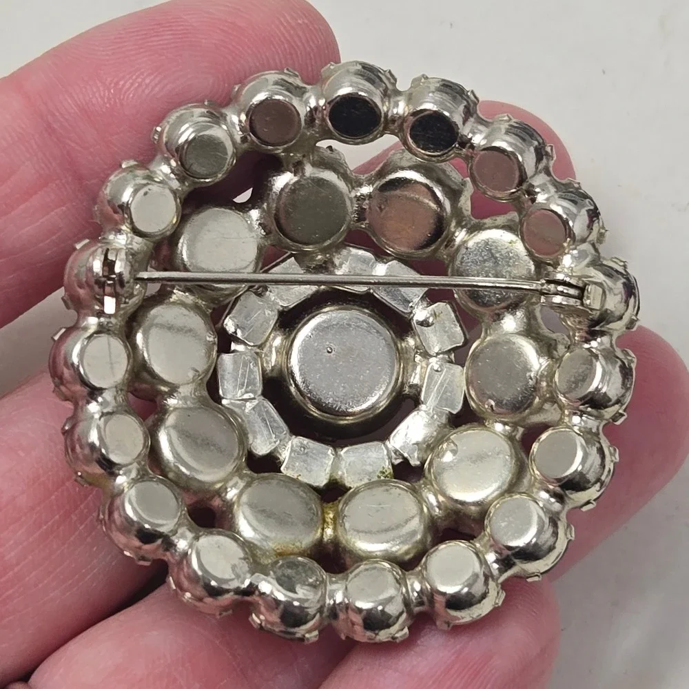 Vintage Austrian Blue Green Rhinestone Domed Brooch Mid Century Peacock Pin
